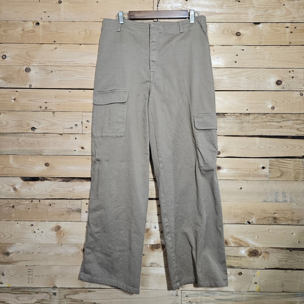 Quince Organic Stretch Cotton Twill Cargo Pants Light Khaki Wide Leg Womens 12
